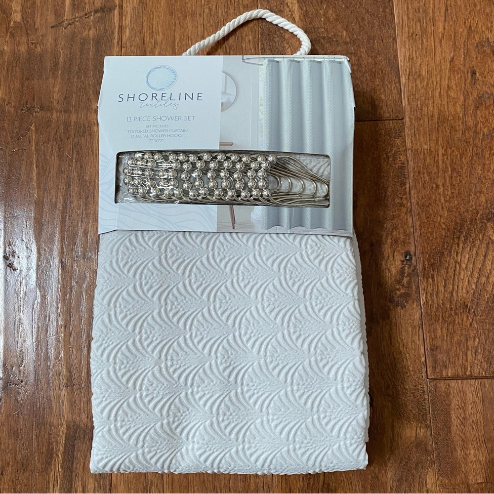 Shower Curtain Set with Hooks NEW Grey Embossed Shells